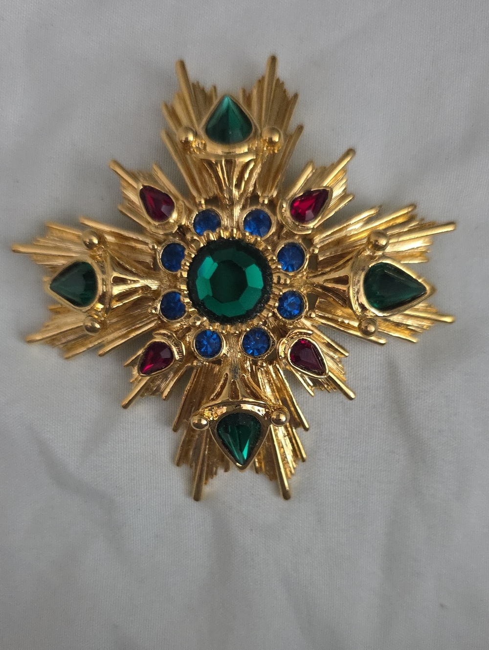 Signed VINTAGE Gold-tone Cross Brooch with Emerald, Sapphire & Ruby Glass Stones